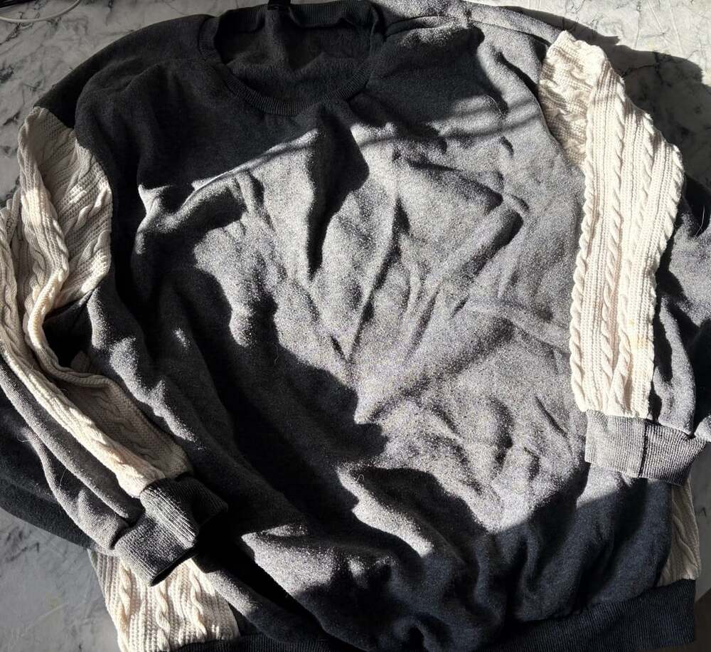 Curve Grey Crewneck Sweatshirt with Cable Knit Contrast Sleeves Size 1XL